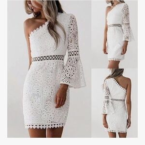 Two Sister The Label Elegant White Lace One-Shoulder Dress